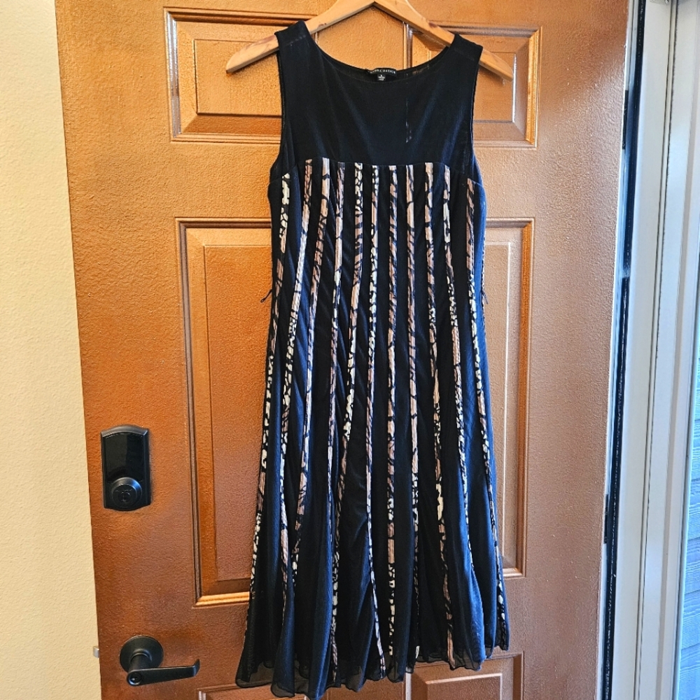 Sandra Darren Mesh Overlay Dress w Striped Tree Branch Print Piping Size 8